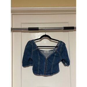 GRLFRND Denim Top‎ Cropped Puff Sleeve Square Neck Dark Wash Cute Blouse